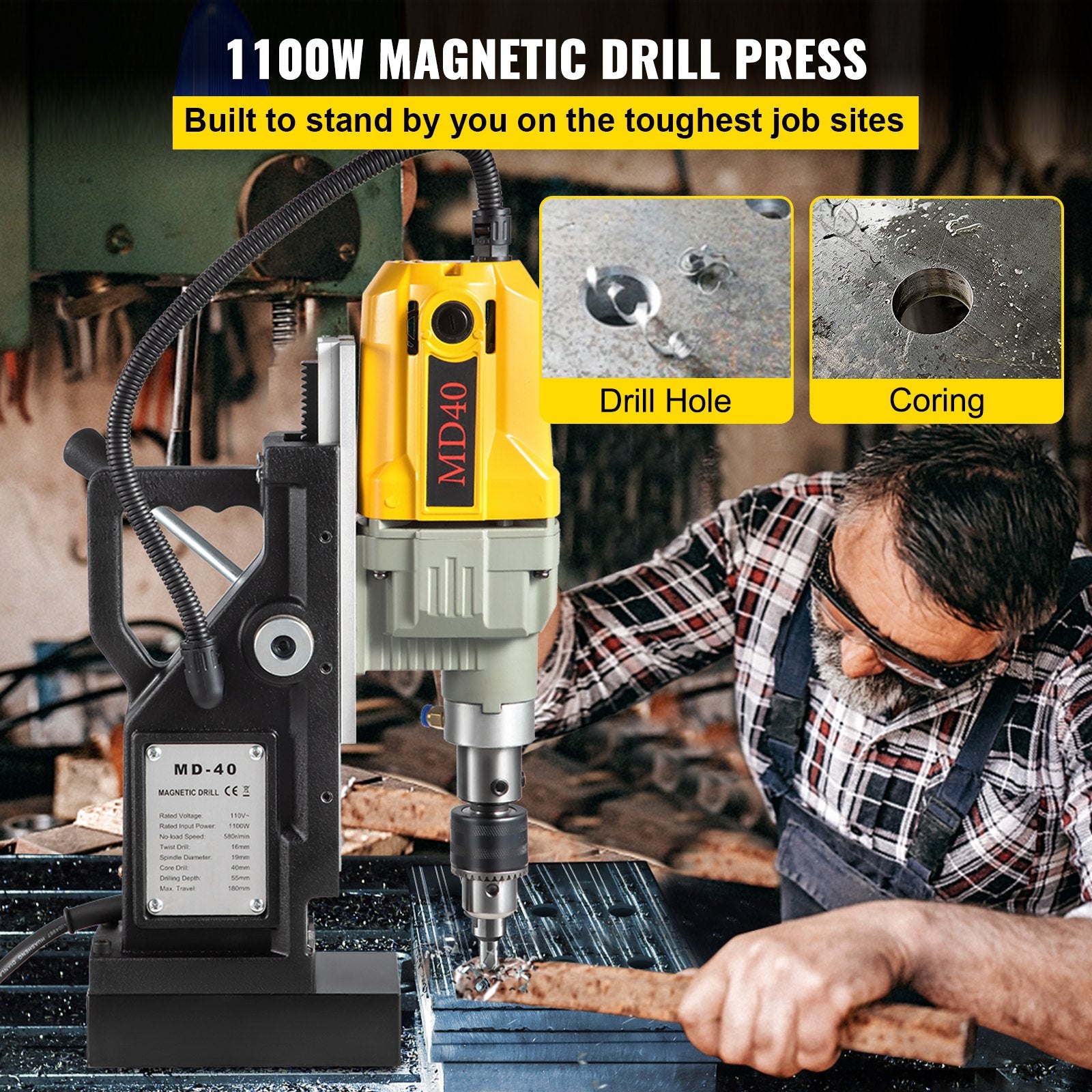 Magnetic Drill, 1100W 1.57" Boring Diameter, 2697lbf/12000N Portable Electric Mag Drill Press with 7 Bits, V952-JBLJC6PCS220VYTT5V3