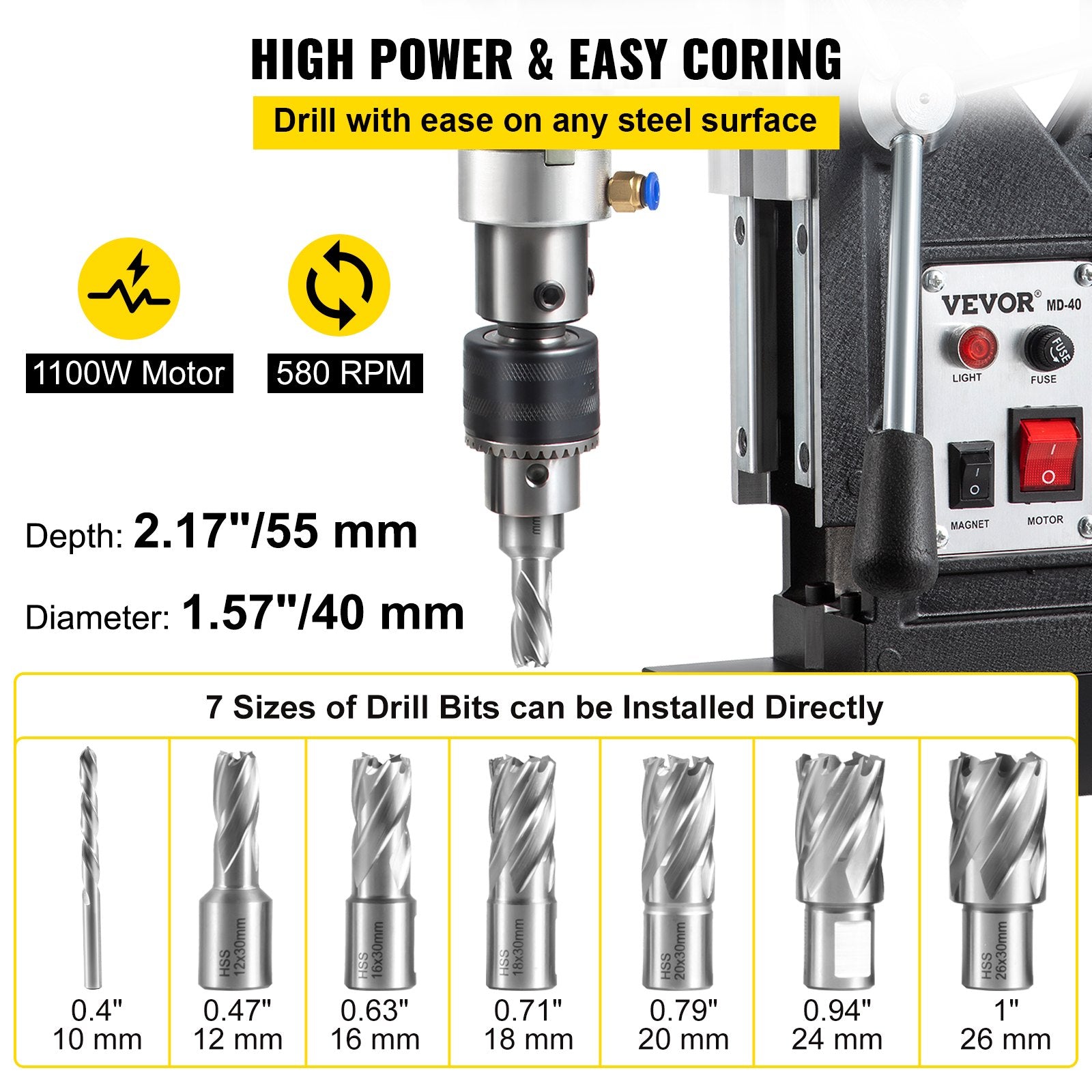 Magnetic Drill, 1100W 1.57" Boring Diameter, 2697lbf/12000N Portable Electric Mag Drill Press with 7 Bits, V952-JBLJC6PCS220VYTT5V3