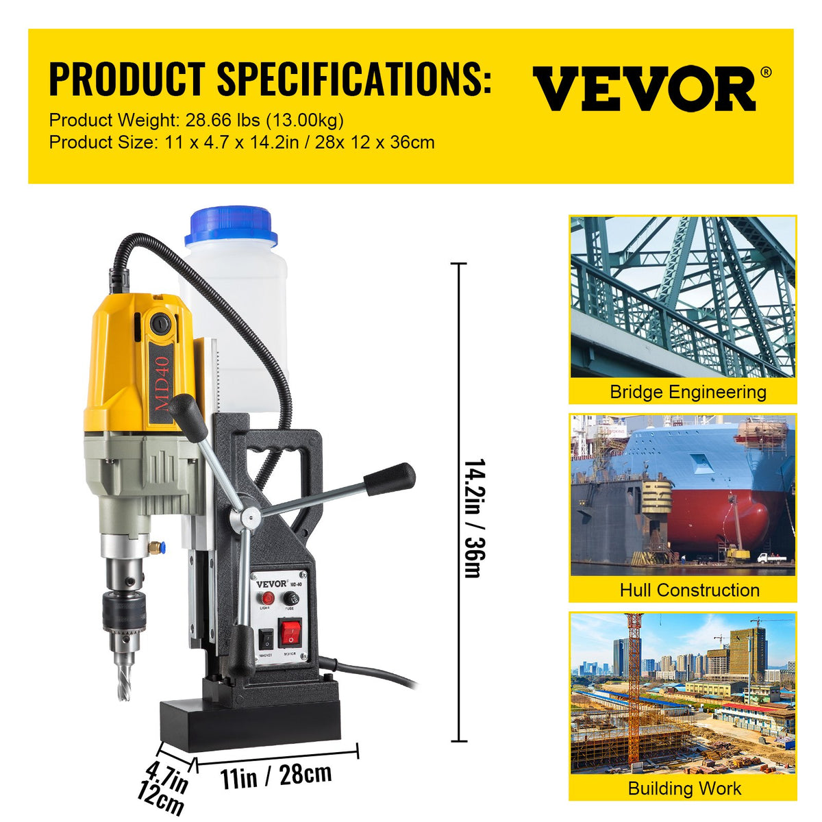 Magnetic Drill, 1100W 1.57" Boring Diameter, 2697lbf/12000N Portable Electric Mag Drill Press with 7 Bits, V952-JBLJC6PCS220VYTT5V3