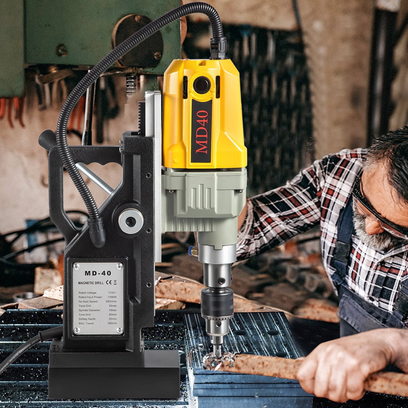 Magnetic Drill, 1100W 1.57" Boring Diameter, 2697lbf/12000N Portable Electric Mag Drill Press with 7 Bits, V952-JBLJC6PCS220VYTT5V3