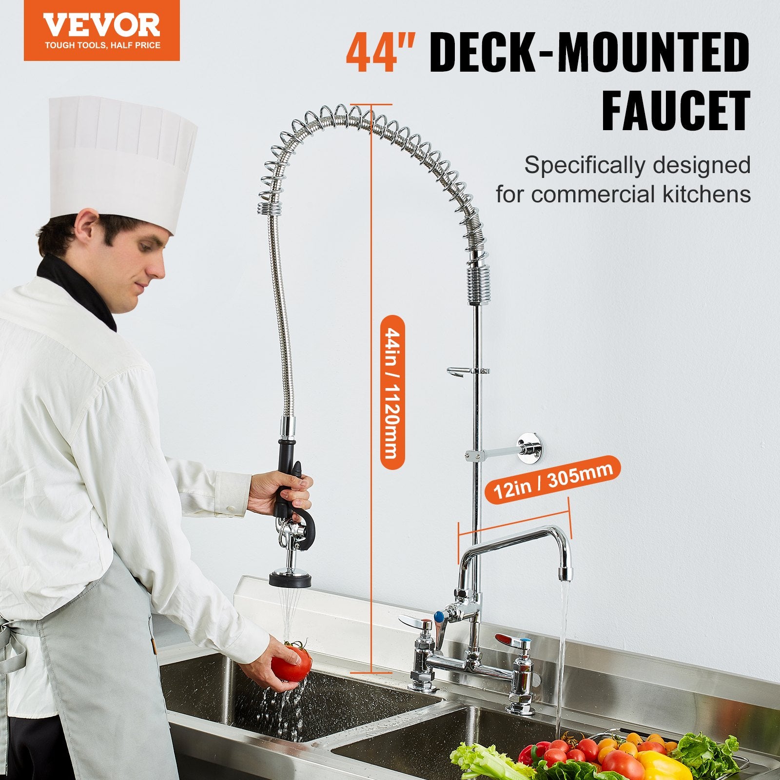 Commercial Faucet with Pre-Rinse Sprayer, 44" Height, 8" Center, 12" Swing Spout, Deck Mount Kitchen Sink V952-JBSYCXSLTJBS3O1FMV0