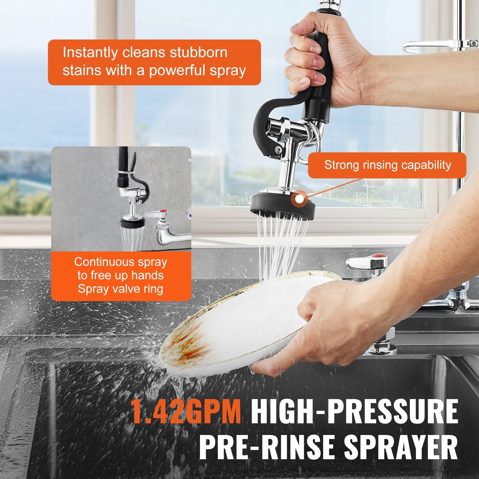 Commercial Faucet with Pre-Rinse Sprayer, 44" Height, 8" Center, 12" Swing Spout, Deck Mount Kitchen Sink V952-JBSYCXSLTJBS3O1FMV0