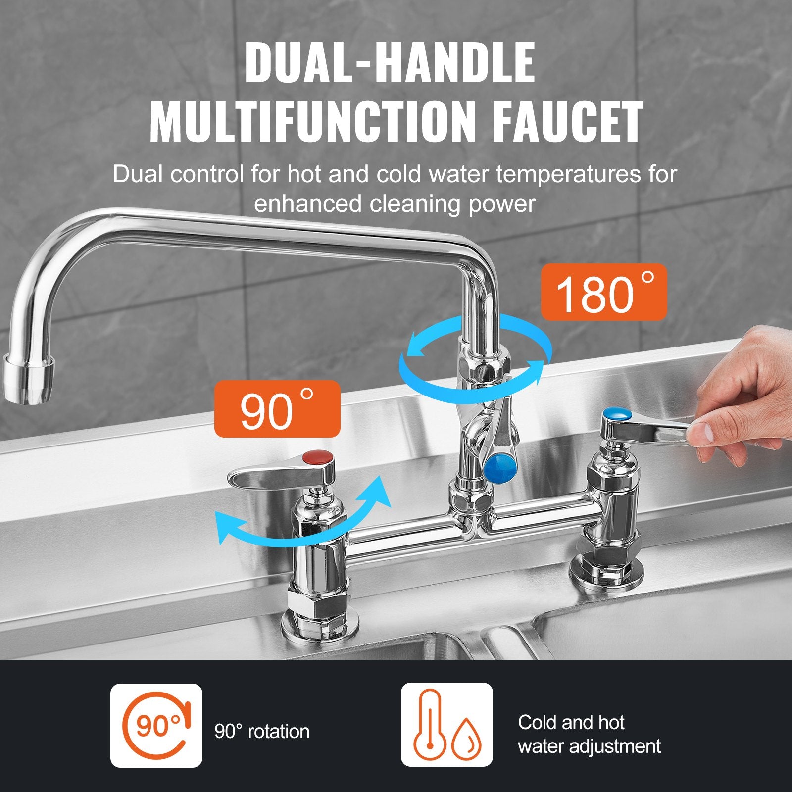 Commercial Faucet with Pre-Rinse Sprayer, 44" Height, 8" Center, 12" Swing Spout, Deck Mount Kitchen Sink V952-JBSYCXSLTJBS3O1FMV0