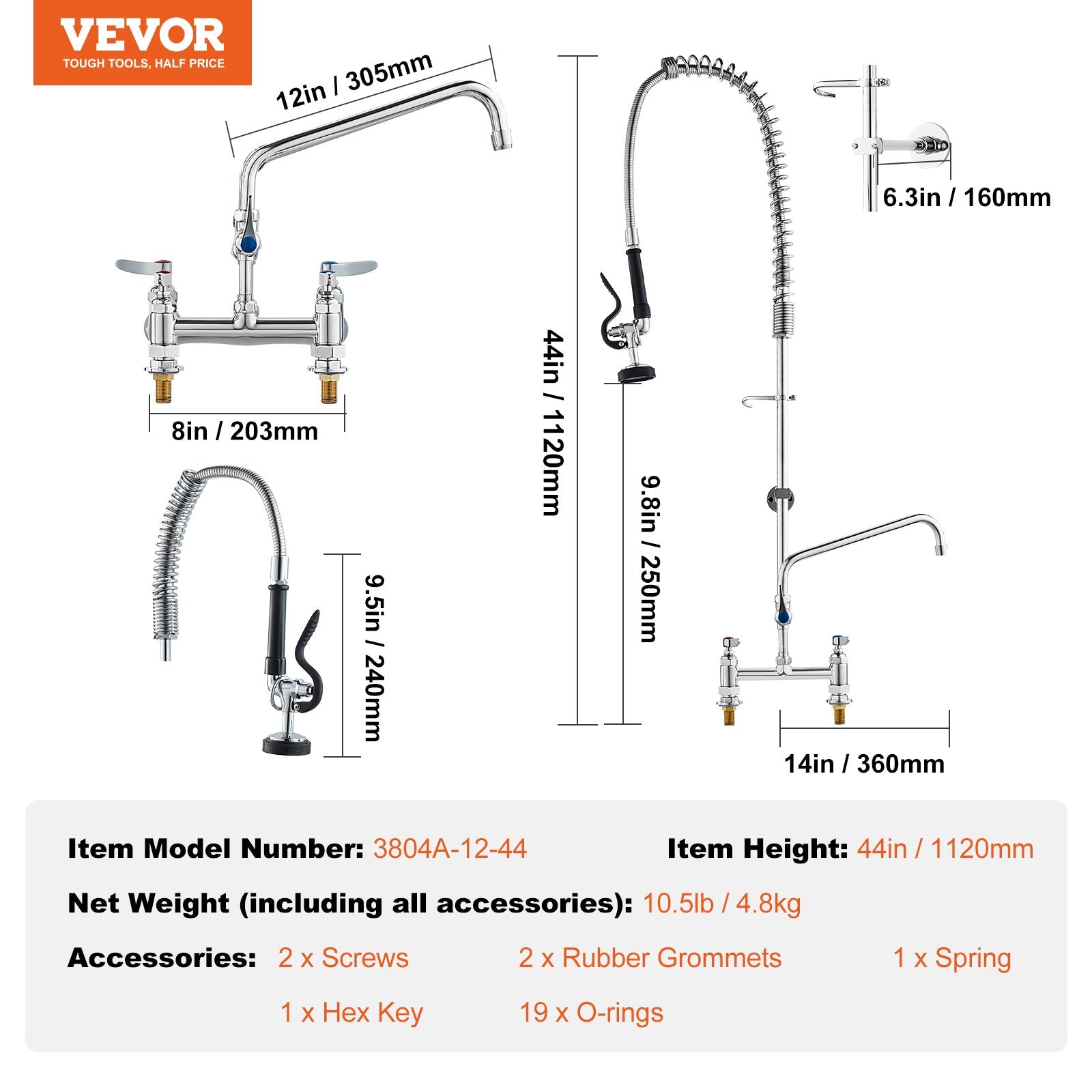 Commercial Faucet with Pre-Rinse Sprayer, 44" Height, 8" Center, 12" Swing Spout, Deck Mount Kitchen Sink V952-JBSYCXSLTJBS3O1FMV0