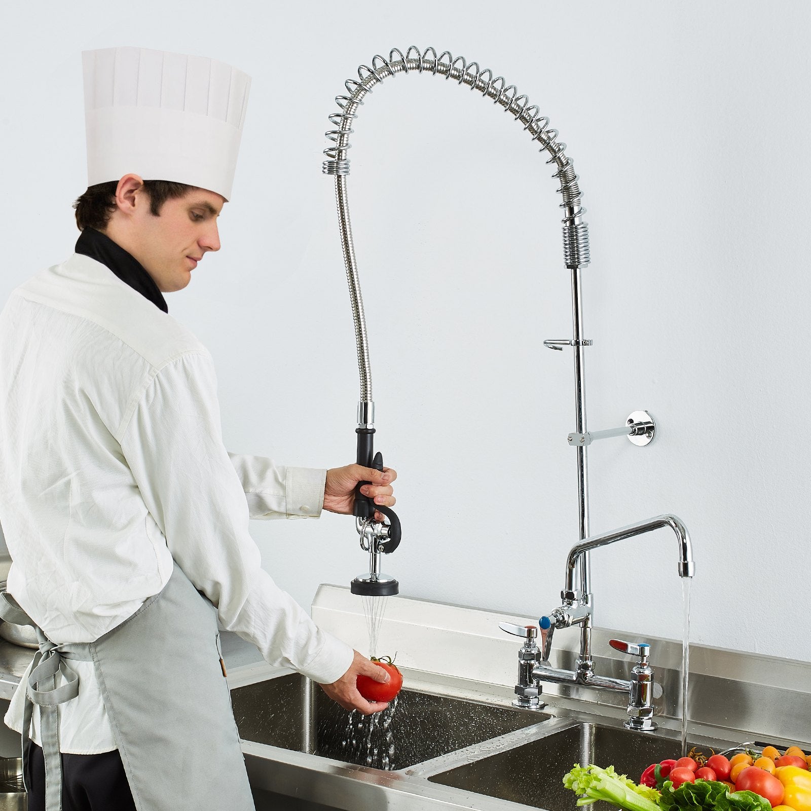 Commercial Faucet with Pre-Rinse Sprayer, 44" Height, 8" Center, 12" Swing Spout, Deck Mount Kitchen Sink V952-JBSYCXSLTJBS3O1FMV0