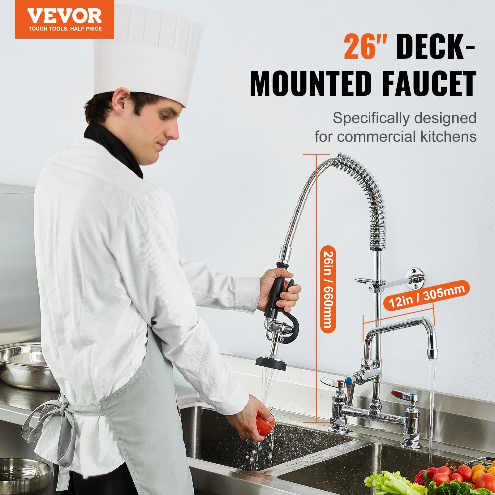 Commercial Faucet with Pre-Rinse Sprayer, 26" Height, 8" Center, 12" Swing Spout, Deck Mount Kitchen Sink V952-JBSYCXSLTJBSN8H9GV0