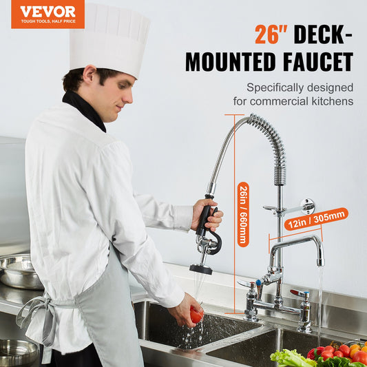 Commercial Faucet with Pre-Rinse Sprayer, 26" Height, 8" Center, 12" Swing Spout, Deck Mount Kitchen Sink V952-JBSYCXSLTJBSN8H9GV0