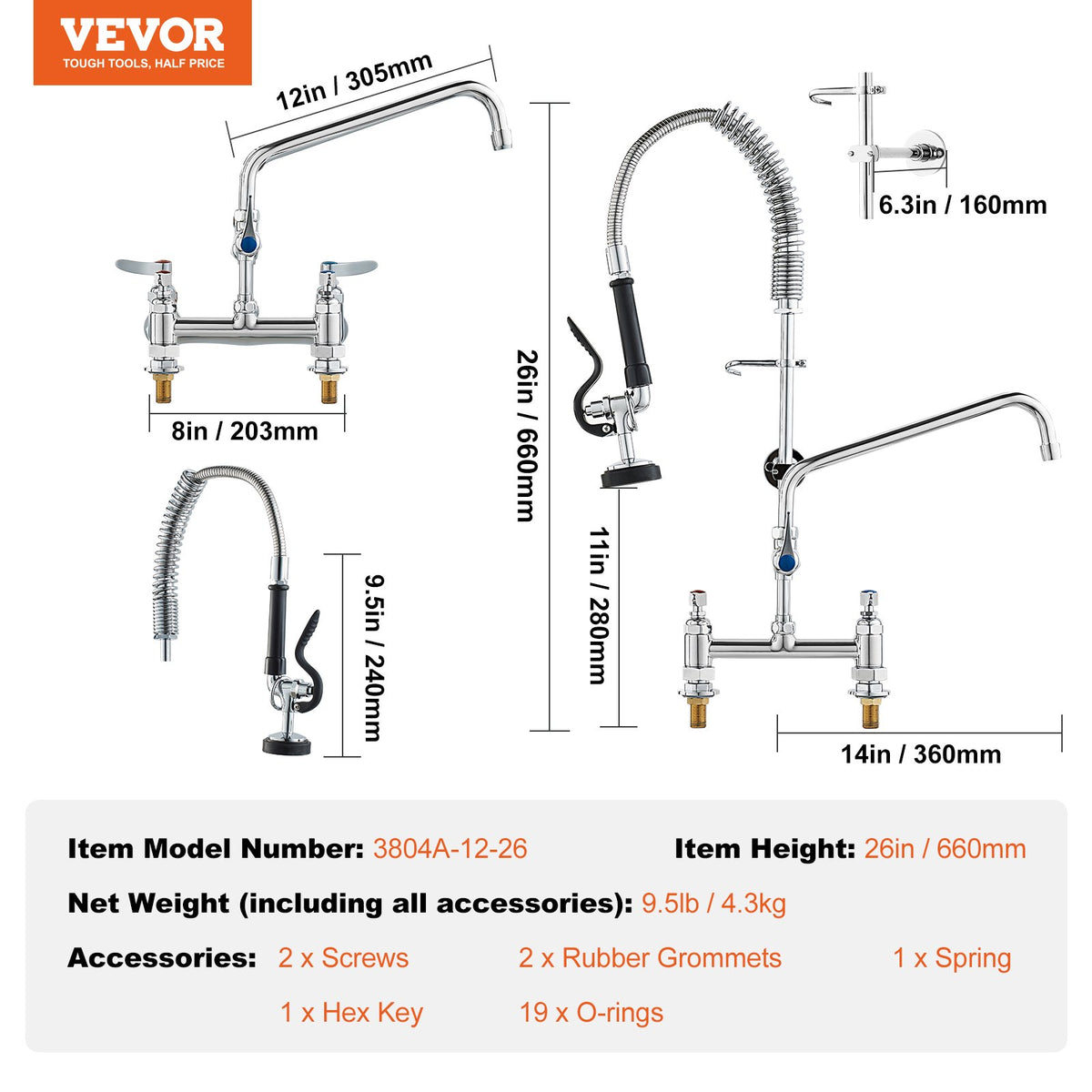 Commercial Faucet with Pre-Rinse Sprayer, 26" Height, 8" Center, 12" Swing Spout, Deck Mount Kitchen Sink V952-JBSYCXSLTJBSN8H9GV0