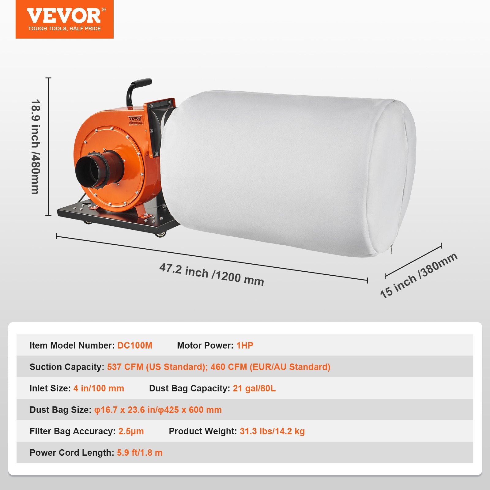 Dust Collector, 1HP 460 CFM Air Flow, Rolling Dust Collector with 80L Large Dust Collection Bag, 2.5 Micron V952-JCQ1HPLSDTBD6SWIQV3