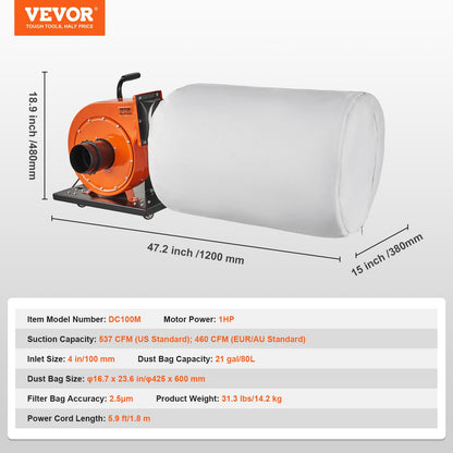 Dust Collector, 1HP 460 CFM Air Flow, Rolling Dust Collector with 80L Large Dust Collection Bag, 2.5 Micron V952-JCQ1HPLSDTBD6SWIQV3