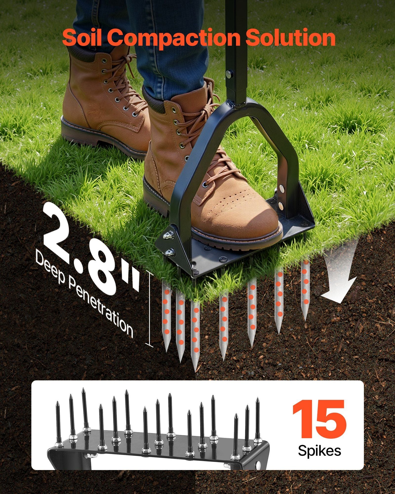 Lawn Aerator, 9.2 in Manual Core Aerator Tool with 15 Iron Spikes, Long Handle & Wide Plate, Heavy Duty Grass V952-JCSPQQ92INCHHW9MK001V0