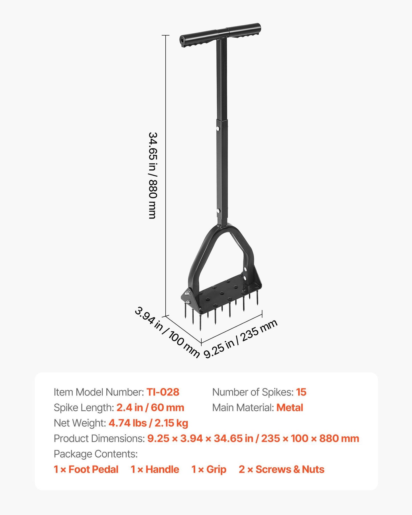 Lawn Aerator, 9.2 in Manual Core Aerator Tool with 15 Iron Spikes, Long Handle & Wide Plate, Heavy Duty Grass V952-JCSPQQ92INCHHW9MK001V0