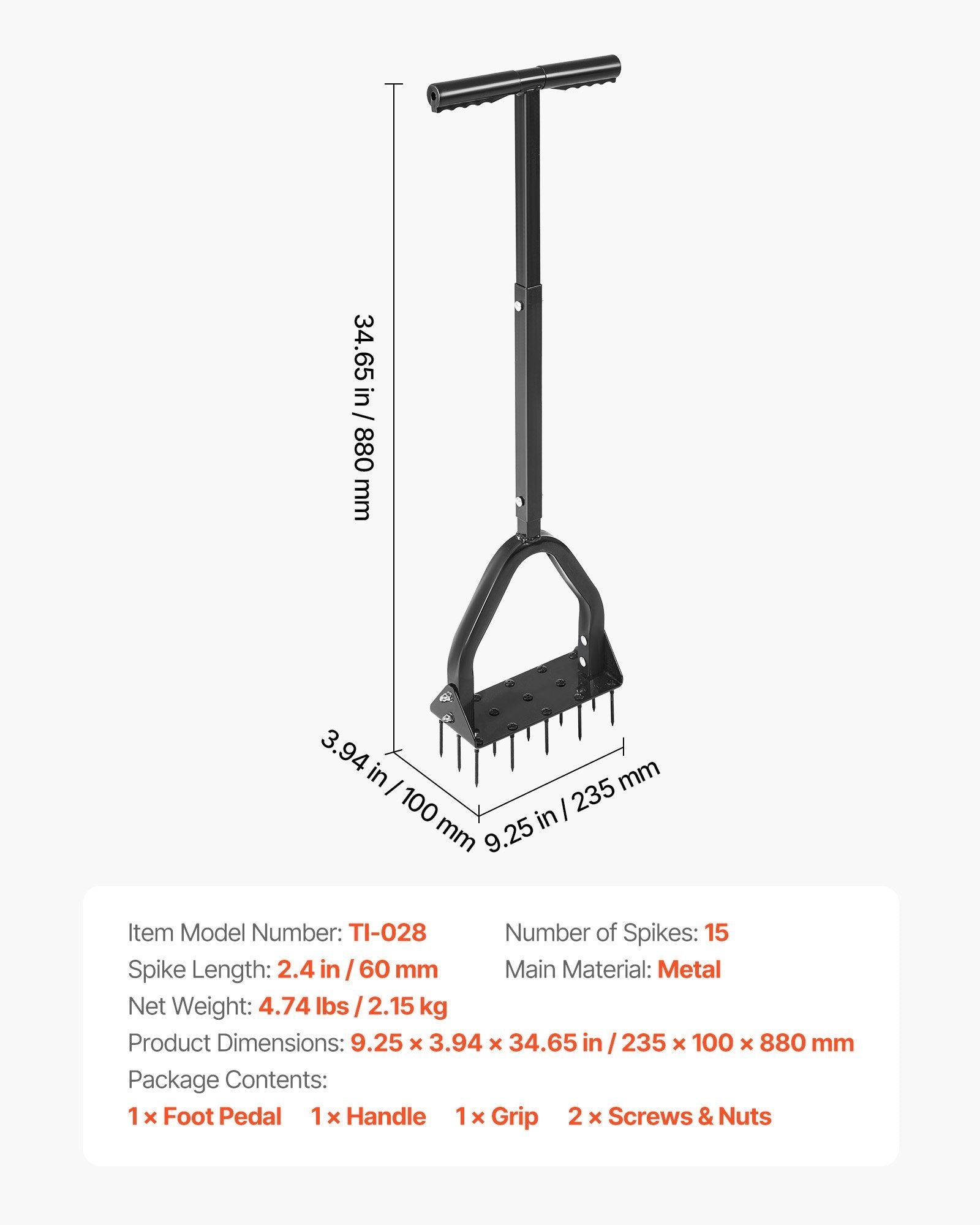 Lawn Aerator, 9.2 in Manual Core Aerator Tool with 15 Iron Spikes, Long Handle & Wide Plate, Heavy Duty Grass V952-JCSPQQ92INCHHW9MK001V0