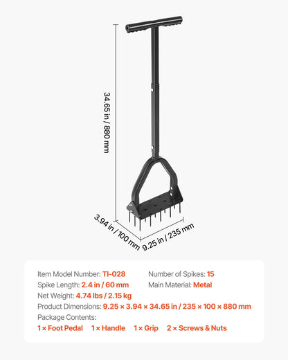 Lawn Aerator, 9.2 in Manual Core Aerator Tool with 15 Iron Spikes, Long Handle & Wide Plate, Heavy Duty Grass V952-JCSPQQ92INCHHW9MK001V0