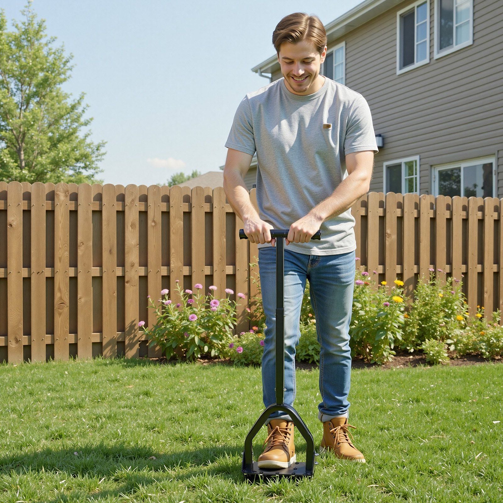 Lawn Aerator, 9.2 in Manual Core Aerator Tool with 15 Iron Spikes, Long Handle & Wide Plate, Heavy Duty Grass V952-JCSPQQ92INCHHW9MK001V0