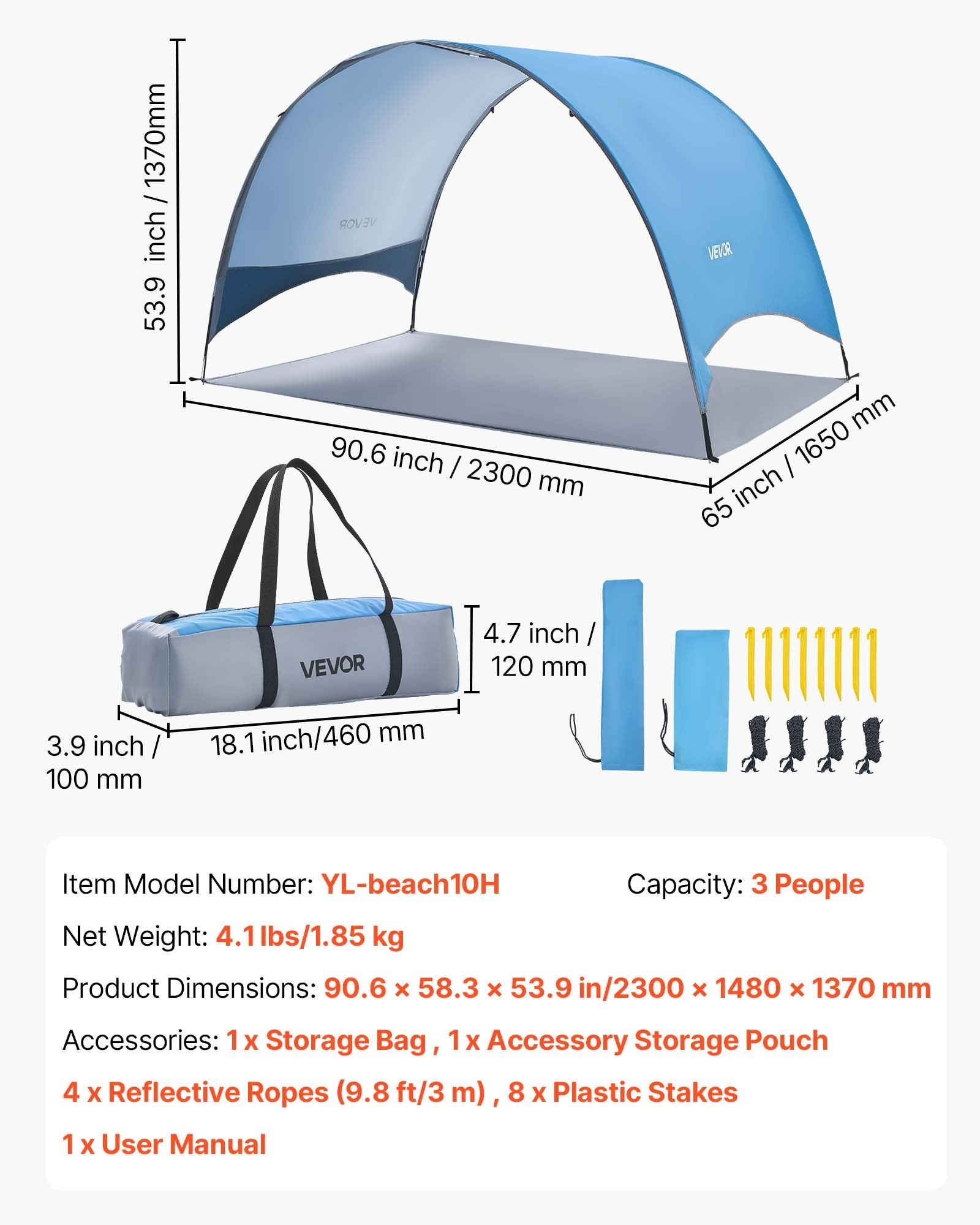 Beach Tent Sun Shelter for 3 Person, UPF 50+ Protection, Portable Sun Shade Canopy with Carrying Bag & Ground V952-JCXHTZPLS3RC7E4E5001V0