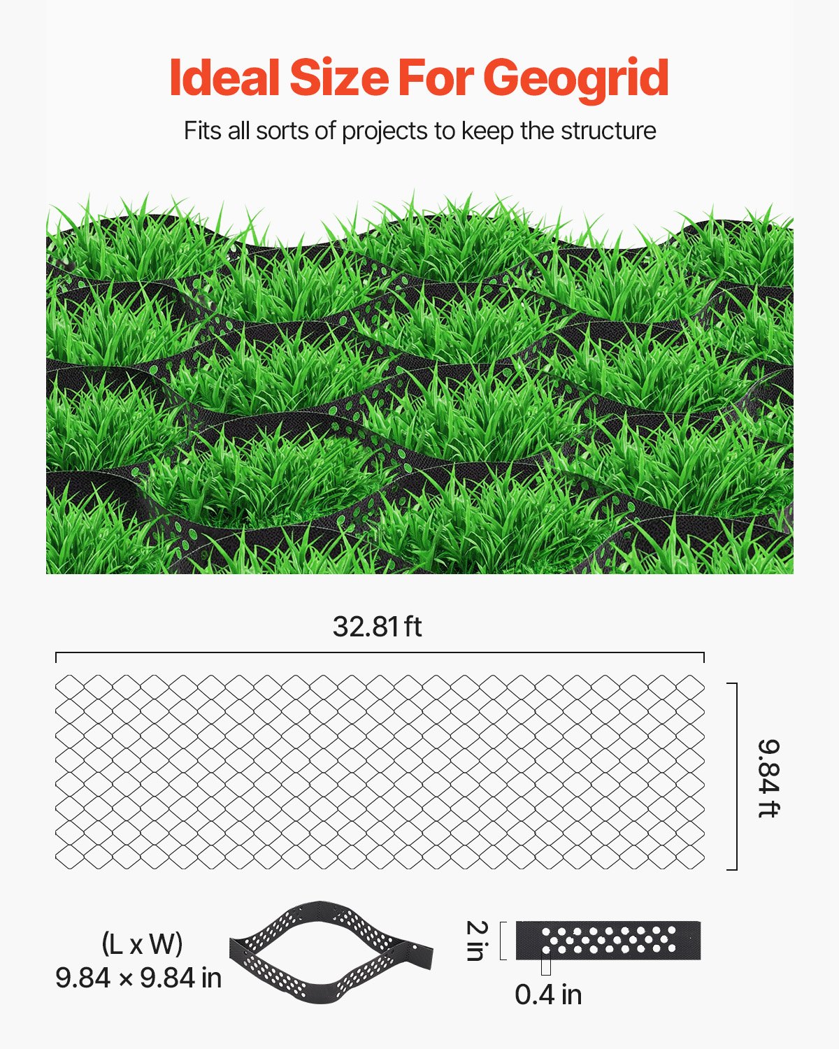 Gravel Grid, 2 Inch Depth, 32.81 x 9.84 FT / 10000 x 3000 mm, 1880 LBS Per Sq ft Grass Ground Retainer, V952-JDWG2INCH328XV8M0001V0