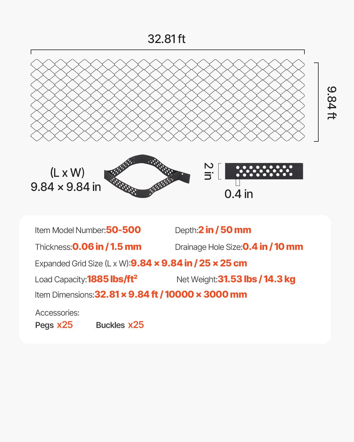 Gravel Grid, 2 Inch Depth, 32.81 x 9.84 FT / 10000 x 3000 mm, 1880 LBS Per Sq ft Grass Ground Retainer, V952-JDWG2INCH328XV8M0001V0