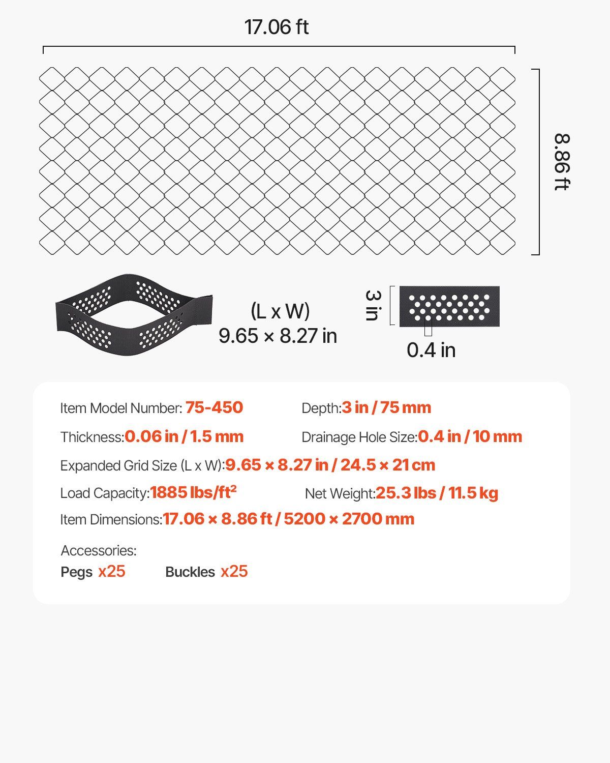 Gravel Grid, 75mm Depth, 5.2 x 2.7m, 853kg Per Sq ft Grass Ground Retainer, Permeable Geo Grids Driveway V952-JDWG3INCH179IELUT001V0