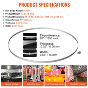 Band Saw Blade, 1650*16*0.56mm, 5 PCS/Pack Meat Bandsaw Blades for Replacement, Carbon Steel Blade, Meat V952-JGJJT1650MM16U0Z8V0