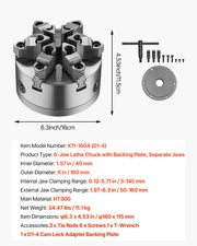 6-Jaw Lathe Chuck, 6 Inch (160 mm), Self-Centering Chuck with D1-4 Cam Lock Backing Plate, 0.12-5.71 in V952-JGKPDBB6GKZ6AF42HV0