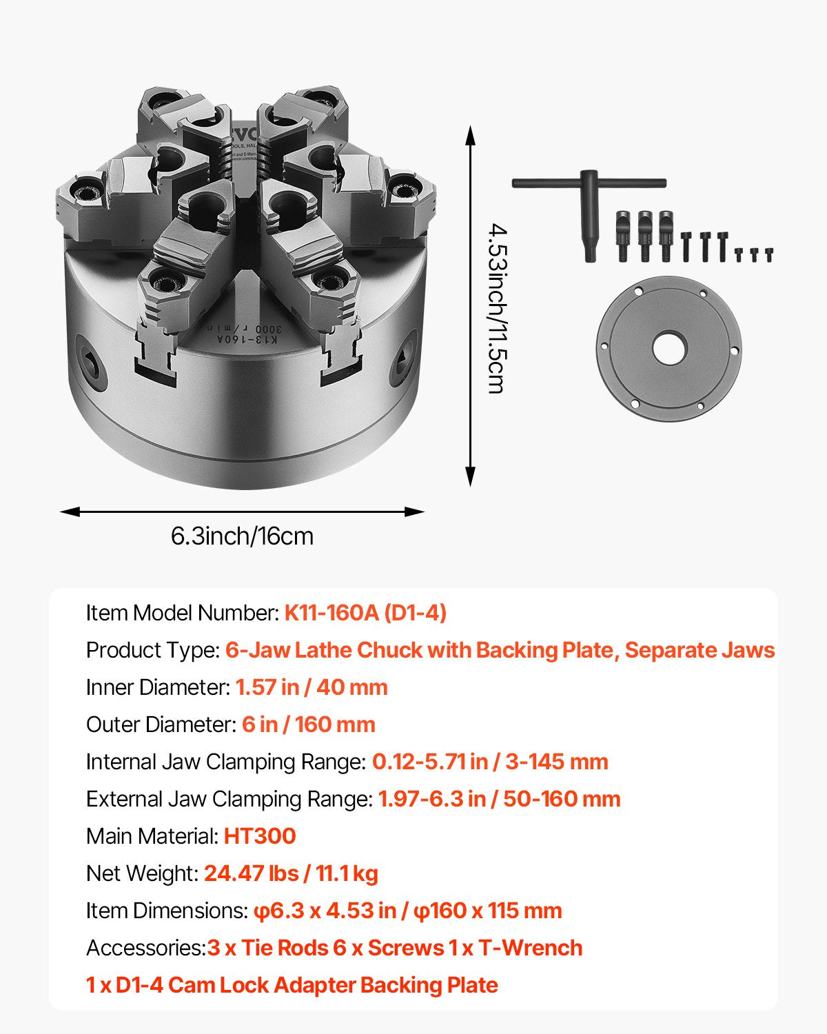 6-Jaw Lathe Chuck, 6 Inch (160 mm), Self-Centering Chuck with D1-4 Cam Lock Backing Plate, 0.12-5.71 in V952-JGKPDBB6GKZ6AF42HV0