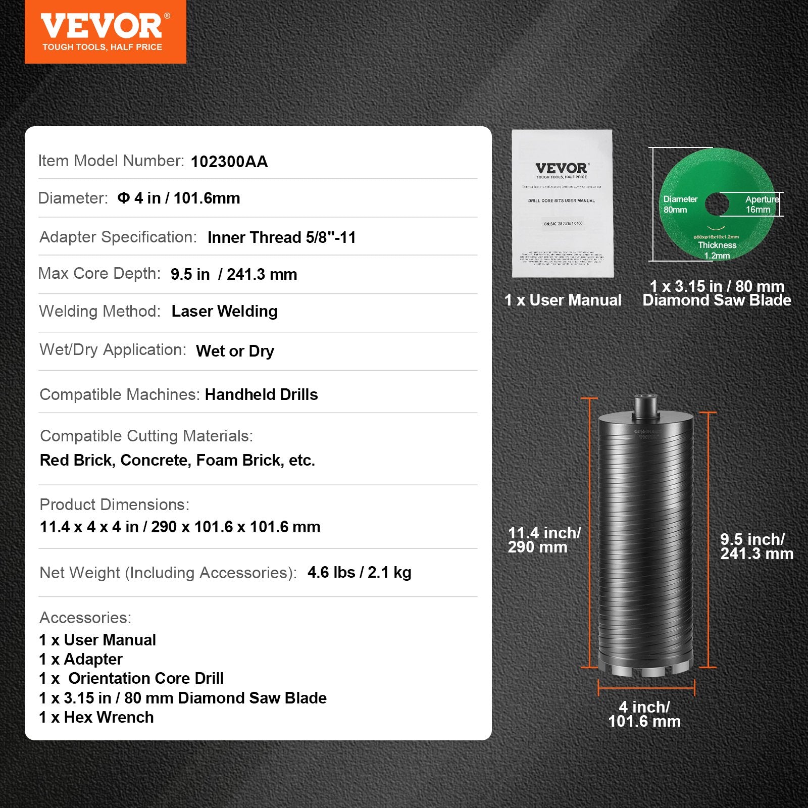 Core Drill Bit, 4" Wet/Dry Diamond Core Drill Bits for Brick and Block, Concrete Core Drill Bit with Pilot V952-JGSQXZTGSS10CDJZEV0