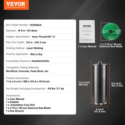 Core Drill Bit, 4" Wet/Dry Diamond Core Drill Bits for Brick and Block, Concrete Core Drill Bit with Pilot V952-JGSQXZTGSS10CDJZEV0