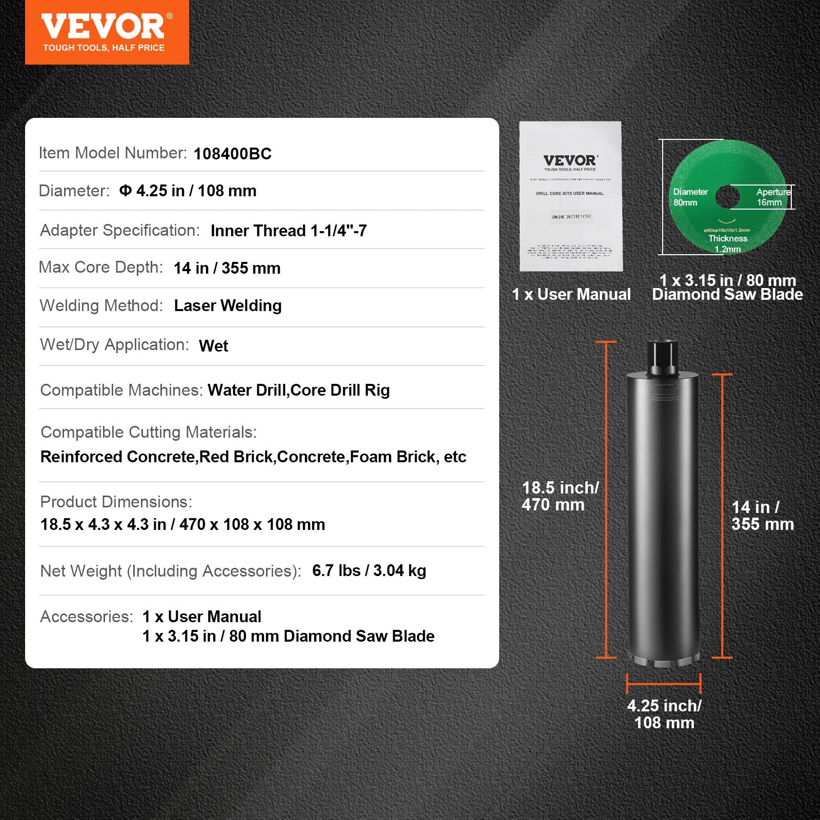 Core Drill Bit, 4.25" Wet Diamond Core Drill Bits, 14" Drilling Depth Concrete Core Drill Bit with Saw Blade, V952-JGSQXZTSS108Y2FEOV0