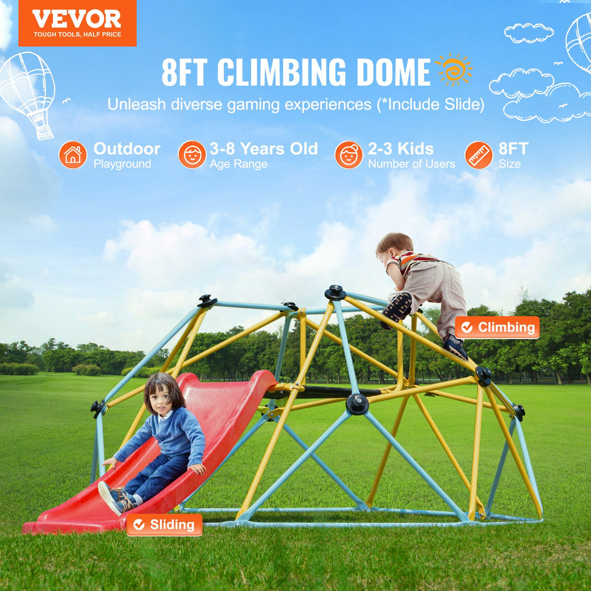 Climbing Dome, 8FT Geometric Dome Climber with Slide, for Kids 3 to 9 Years Old, Jungle Gym Supports 600LBS V952-JHPDYX10FTHT5WB8CV0