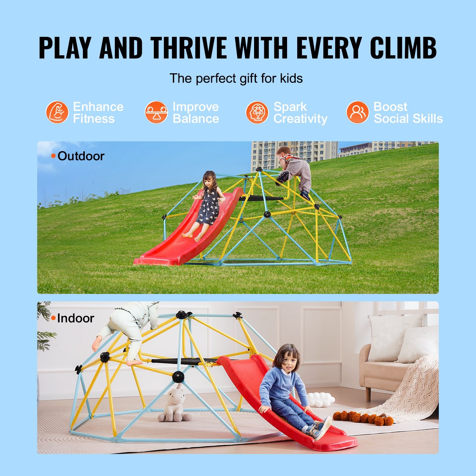 Climbing Dome, 8FT Geometric Dome Climber with Slide, for Kids 3 to 9 Years Old, Jungle Gym Supports 600LBS V952-JHPDYX10FTHT5WB8CV0