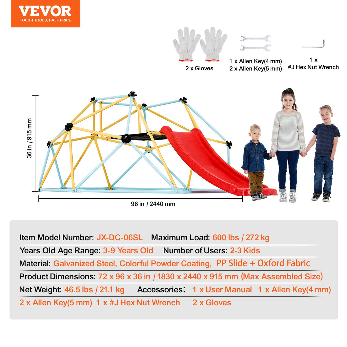 Climbing Dome, 8FT Geometric Dome Climber with Slide, for Kids 3 to 9 Years Old, Jungle Gym Supports 600LBS V952-JHPDYX10FTHT5WB8CV0