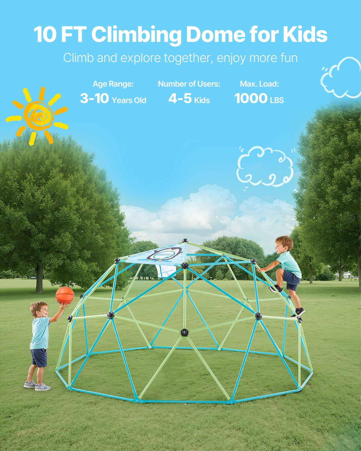 Climbing Dome, 305cm Geometric Dome Climber for Kids, 453kg Loading Jungle Gym Playground with Octopus Net & V952-JHPDZJ10FTLQ8X834001V0