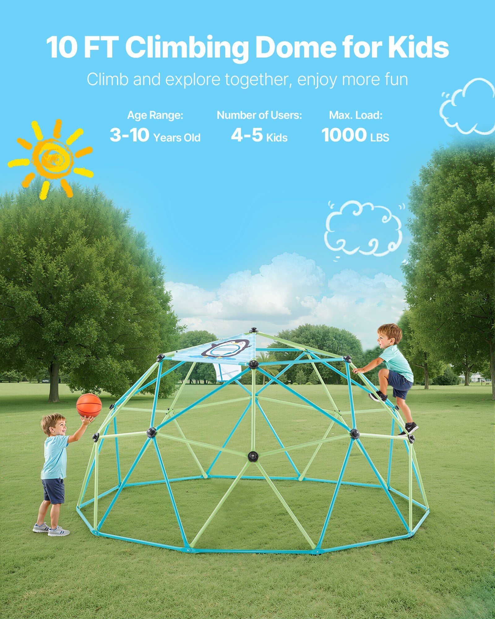 Climbing Dome, 305cm Geometric Dome Climber for Kids, 453kg Loading Jungle Gym Playground with Octopus Net & V952-JHPDZJ10FTLQ8X834001V0