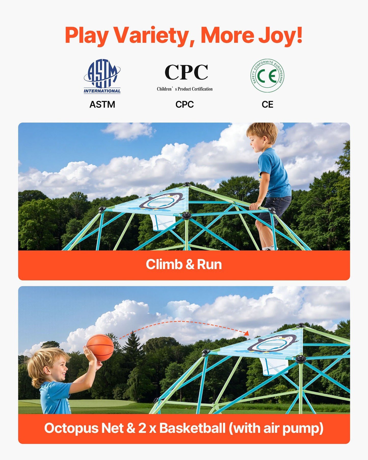 Climbing Dome, 305cm Geometric Dome Climber for Kids, 453kg Loading Jungle Gym Playground with Octopus Net & V952-JHPDZJ10FTLQ8X834001V0