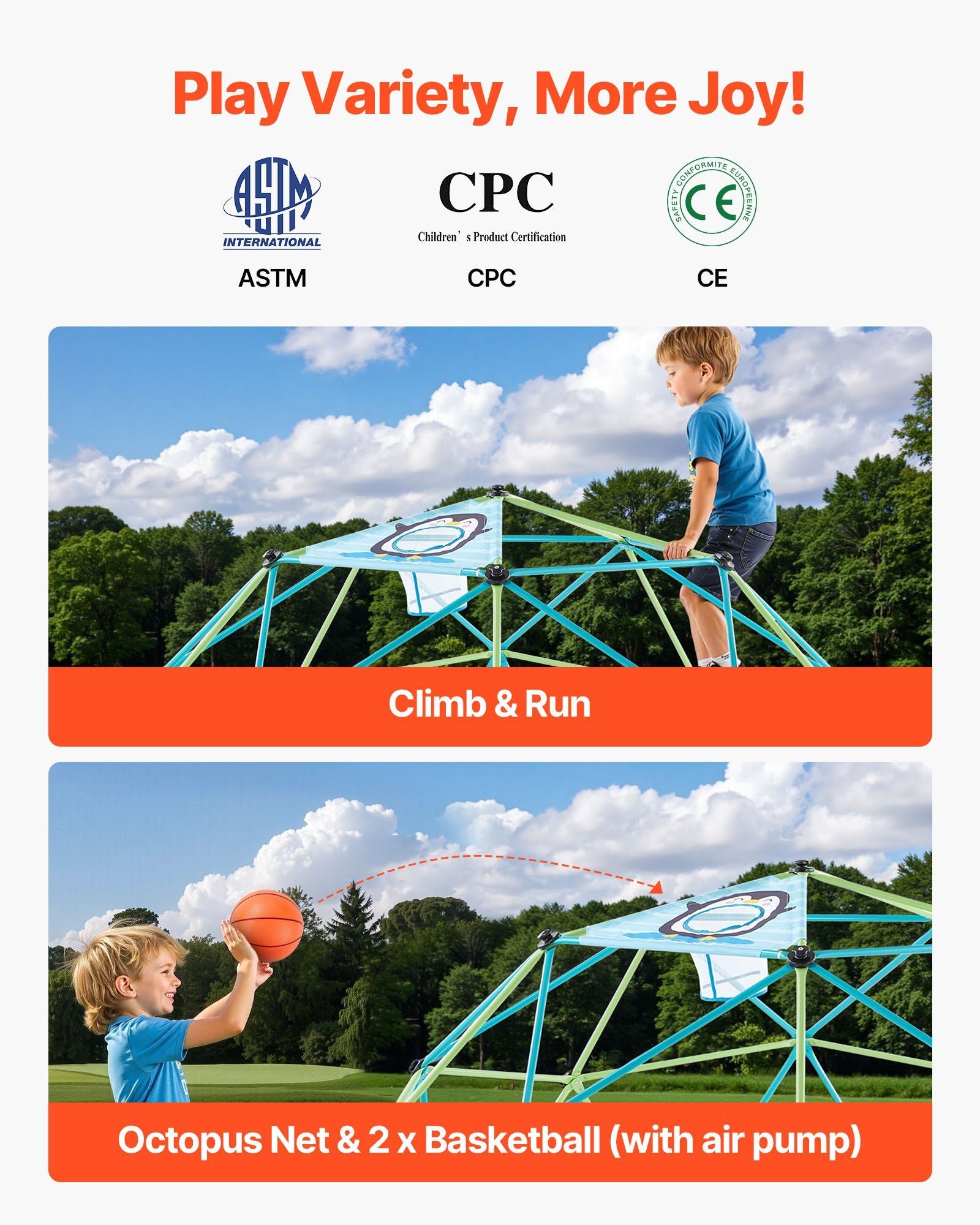 Climbing Dome, 305cm Geometric Dome Climber for Kids, 453kg Loading Jungle Gym Playground with Octopus Net & V952-JHPDZJ10FTLQ8X834001V0