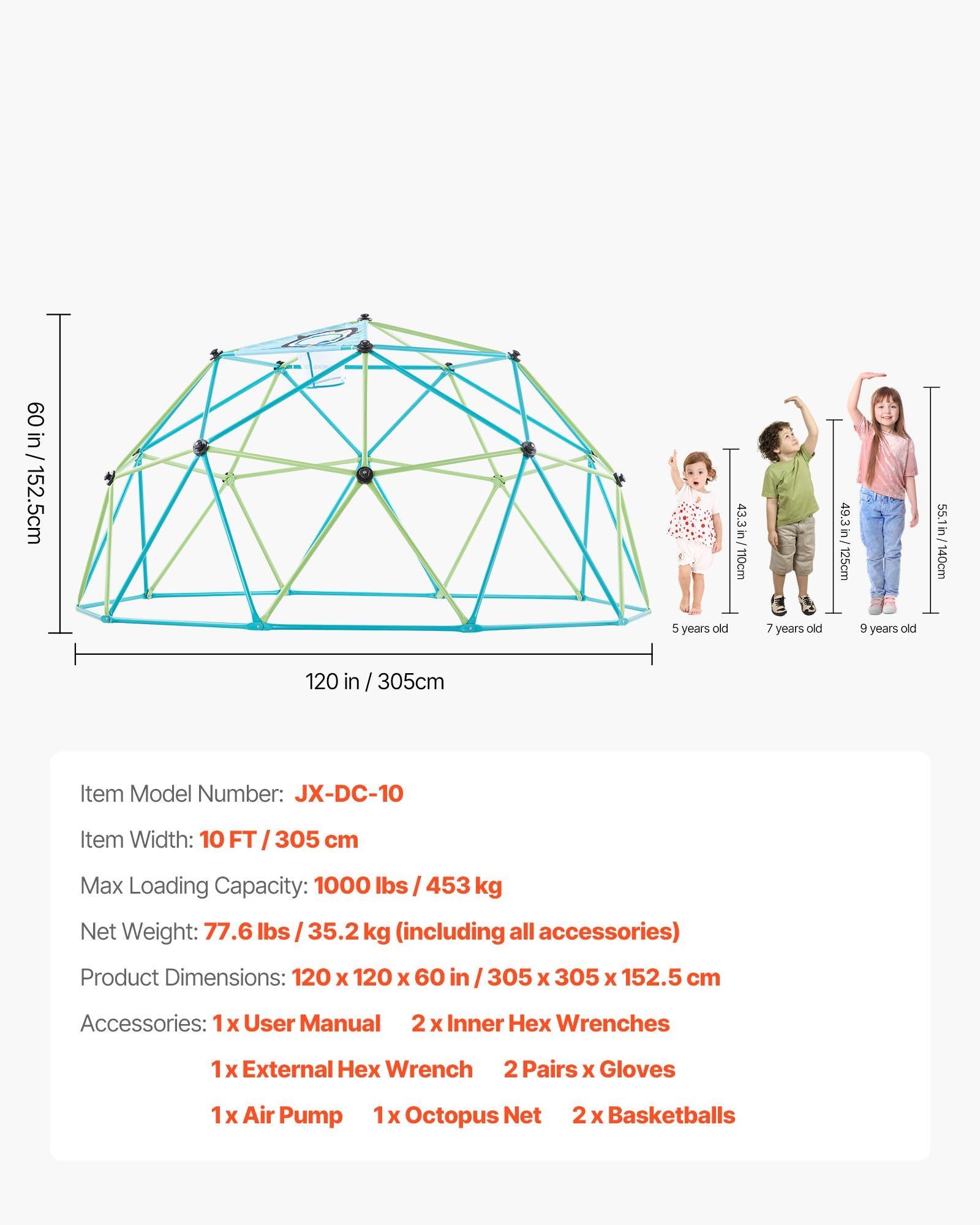 Climbing Dome, 305cm Geometric Dome Climber for Kids, 453kg Loading Jungle Gym Playground with Octopus Net & V952-JHPDZJ10FTLQ8X834001V0