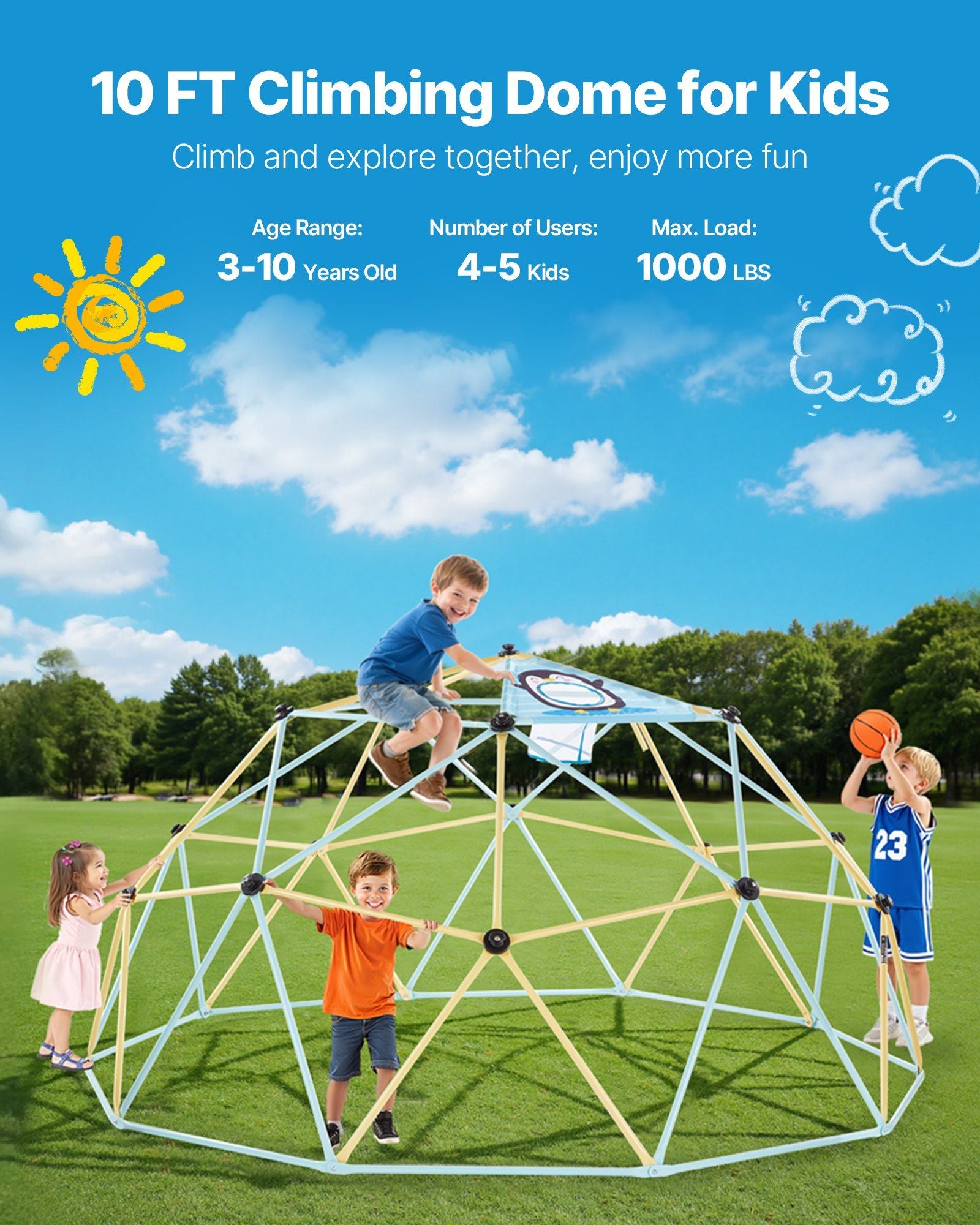 Climbing Dome, 305cm Geometric Dome Climber, 453kg Loading Jungle Gym Playground with 2 Basketballs & Octopus V952-JHPDZJ10FTLQDD2DJ001V0
