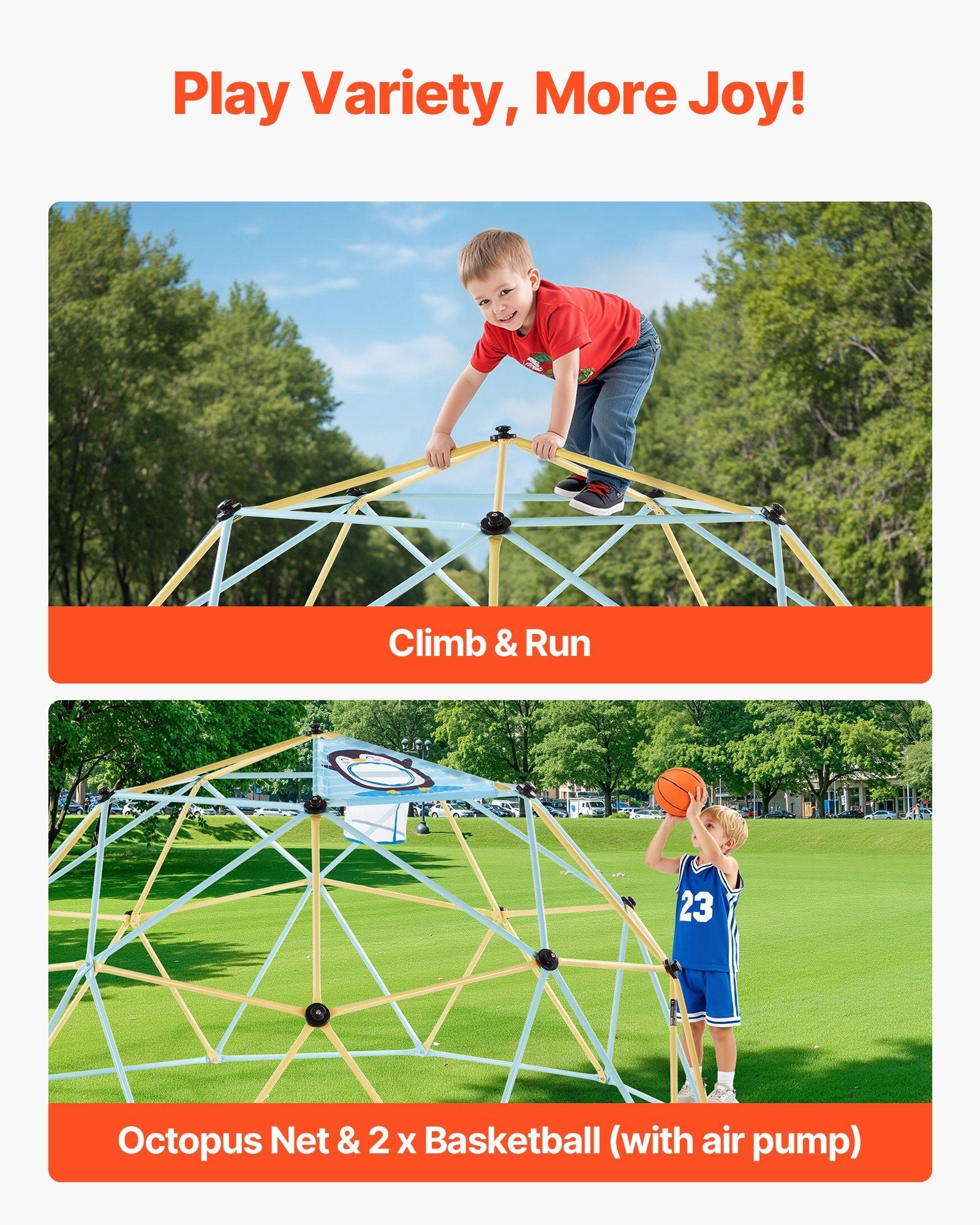 Climbing Dome, 305cm Geometric Dome Climber, 453kg Loading Jungle Gym Playground with 2 Basketballs & Octopus V952-JHPDZJ10FTLQDD2DJ001V0