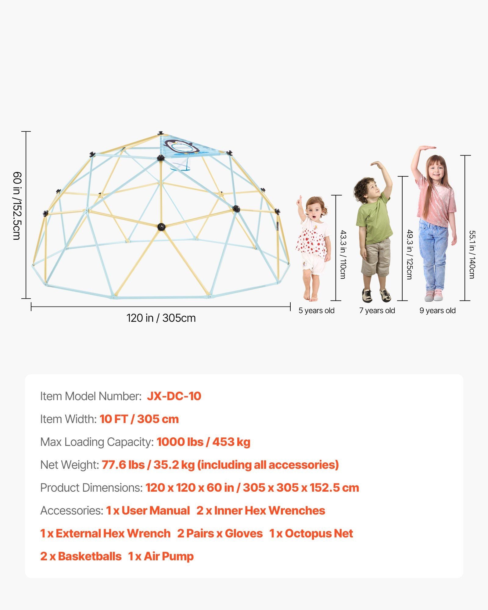 Climbing Dome, 305cm Geometric Dome Climber, 453kg Loading Jungle Gym Playground with 2 Basketballs & Octopus V952-JHPDZJ10FTLQDD2DJ001V0