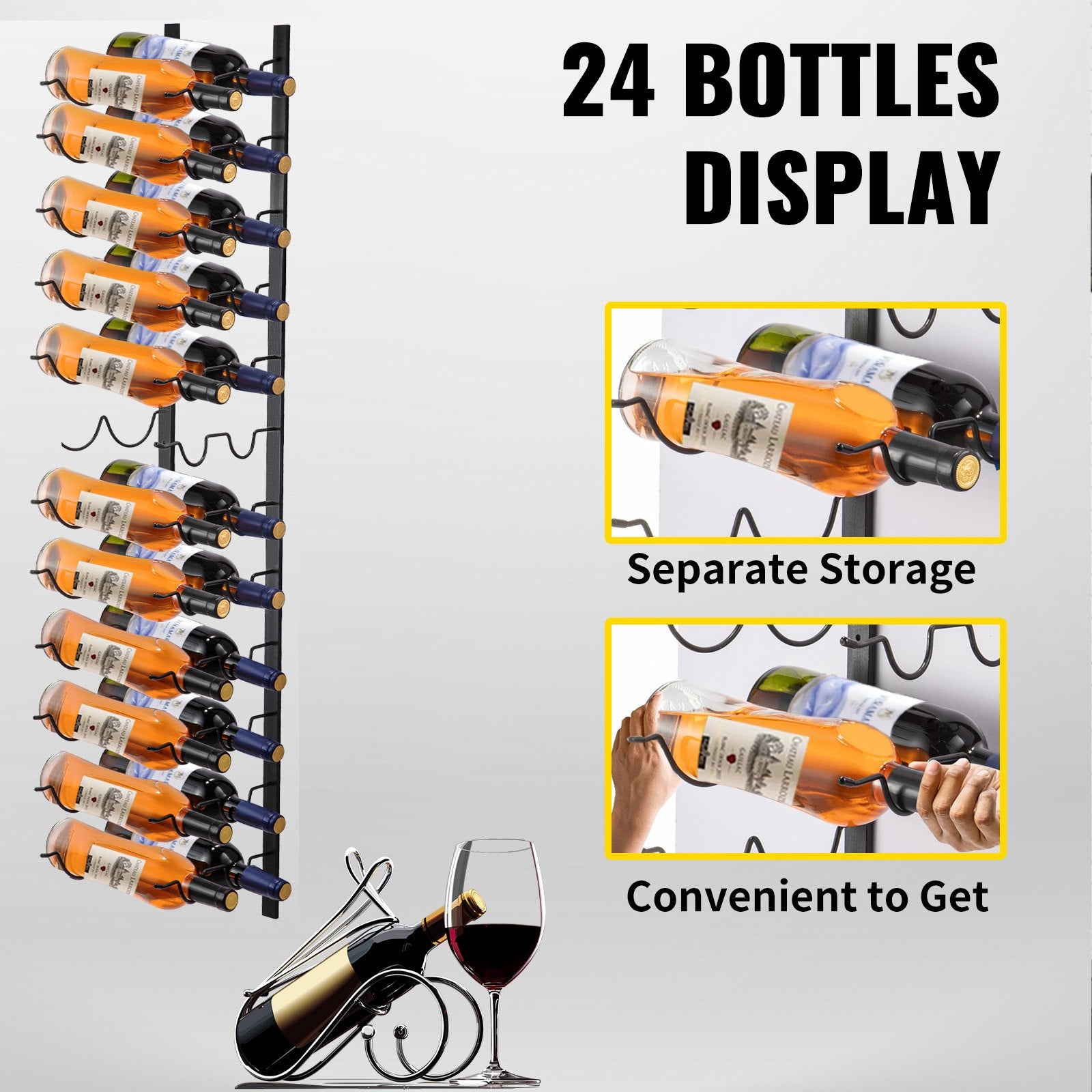 Wall Mounted Wine Rack, 12x2 Bottles Wine Holder Towel Rack, Black Steel Vertical Wine Rack, Modern V952-JJBGSBXG24PSC0001V0