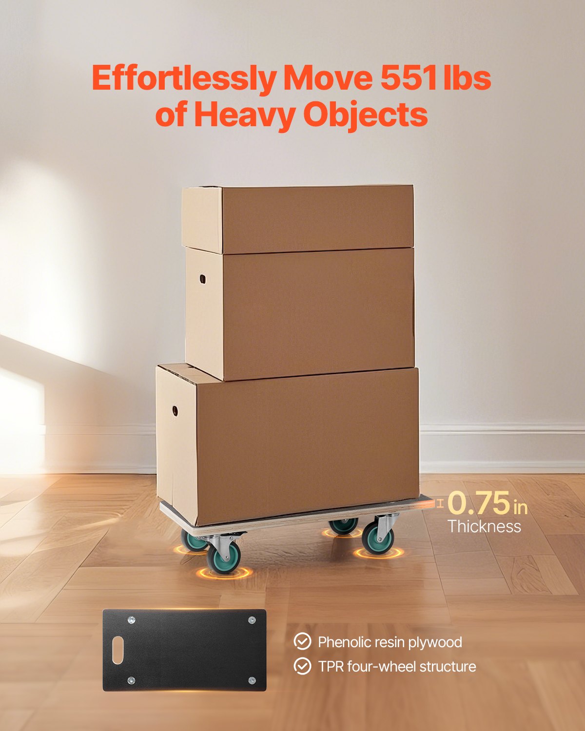 Furniture Dolly, 551 lbs Load Capacity, Furniture Moving Dollies with 4 TPR Silent Wheels, Rectangle V952-JJBYTCPBJHB236VS4V0