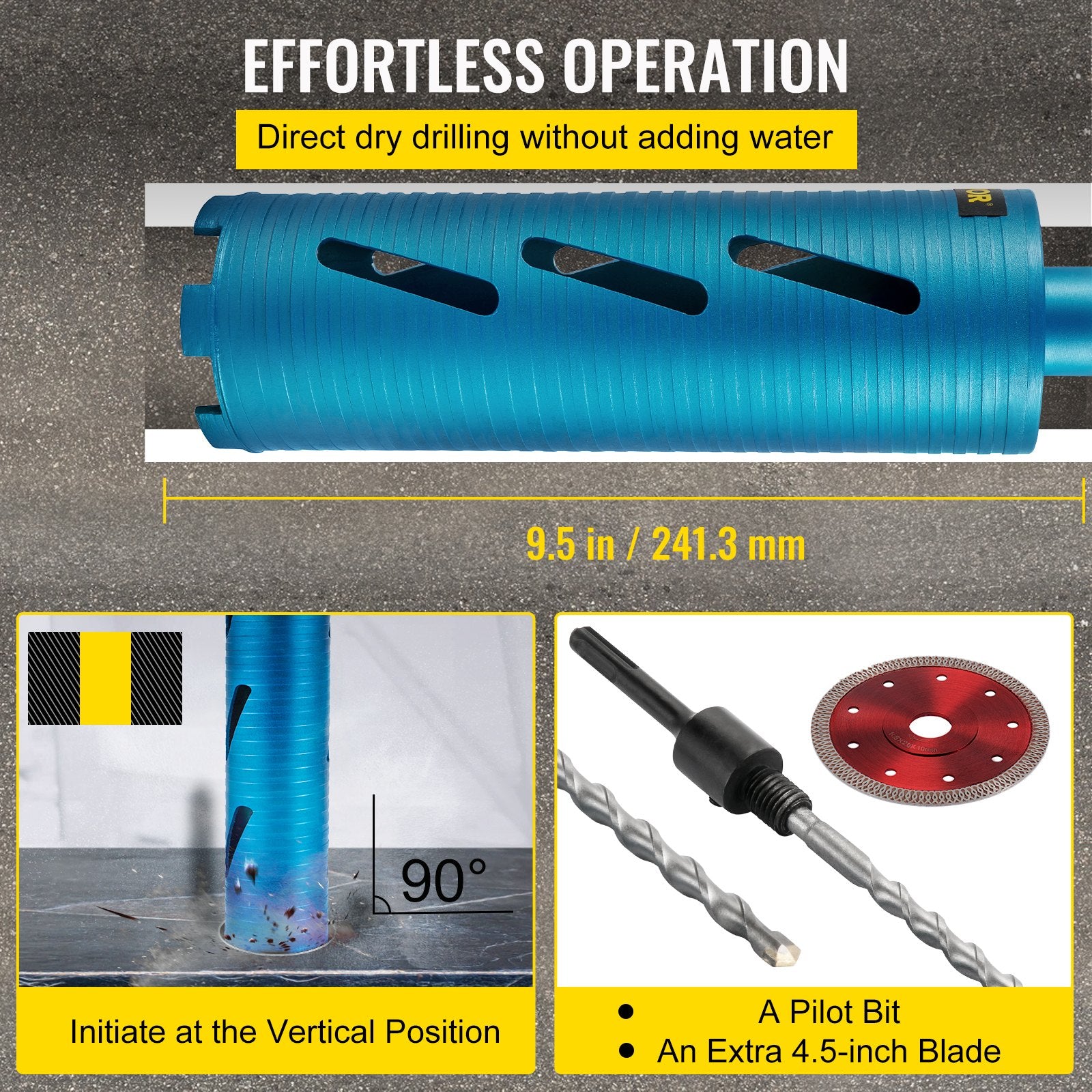 Dry Core Drill Bit, 88.9 mm Diameter 11 Threaded, 241.3mm Depth Diamond Coring Bore Tool with a Pilot Bit & V952-JJGS13.59.5IN2MQGV0