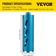 Dry Core Drill Bit, 88.9 mm Diameter 11 Threaded, 241.3mm Depth Diamond Coring Bore Tool with a Pilot Bit & V952-JJGS13.59.5IN2MQGV0