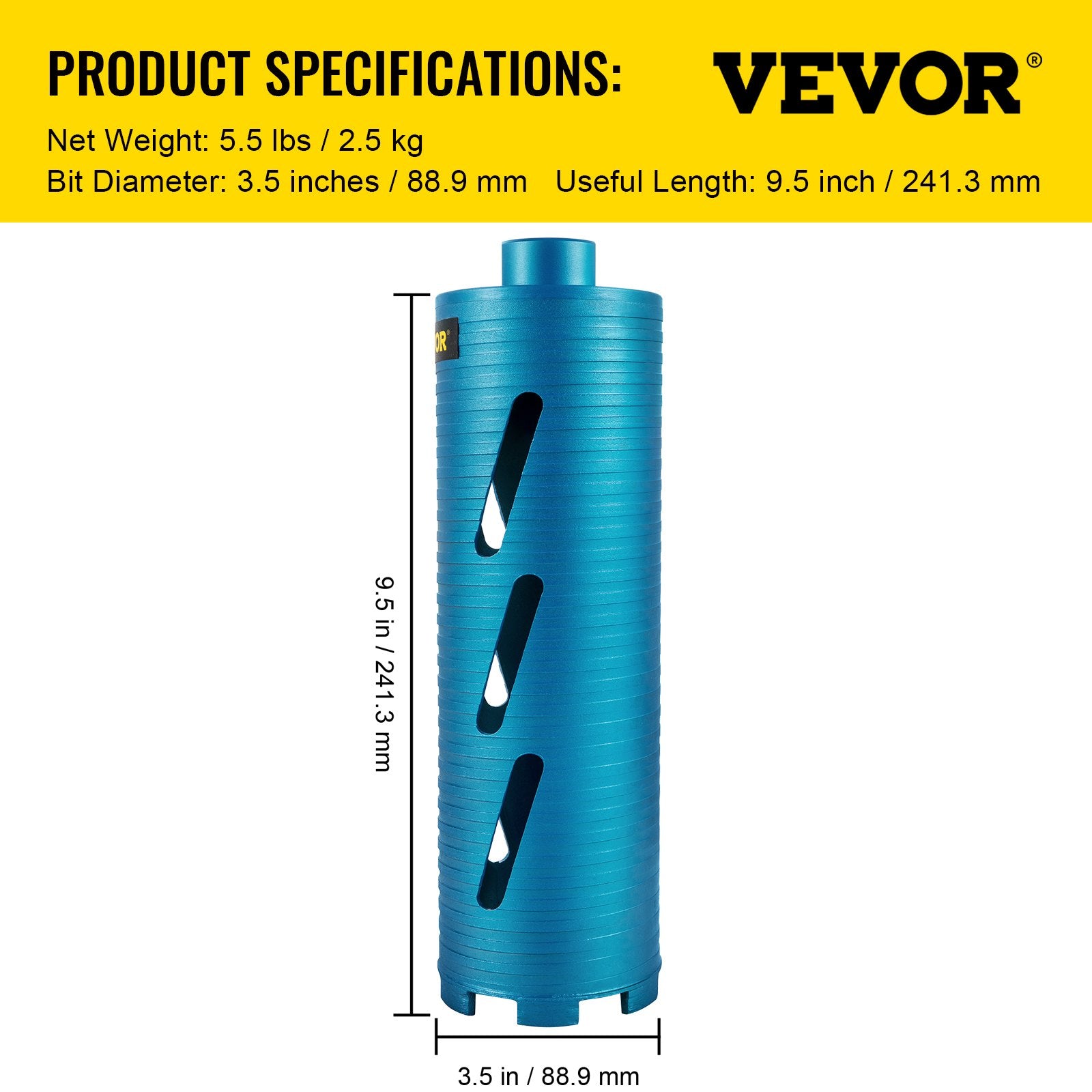 Dry Core Drill Bit, 88.9 mm Diameter 11 Threaded, 241.3mm Depth Diamond Coring Bore Tool with a Pilot Bit & V952-JJGS13.59.5IN2MQGV0
