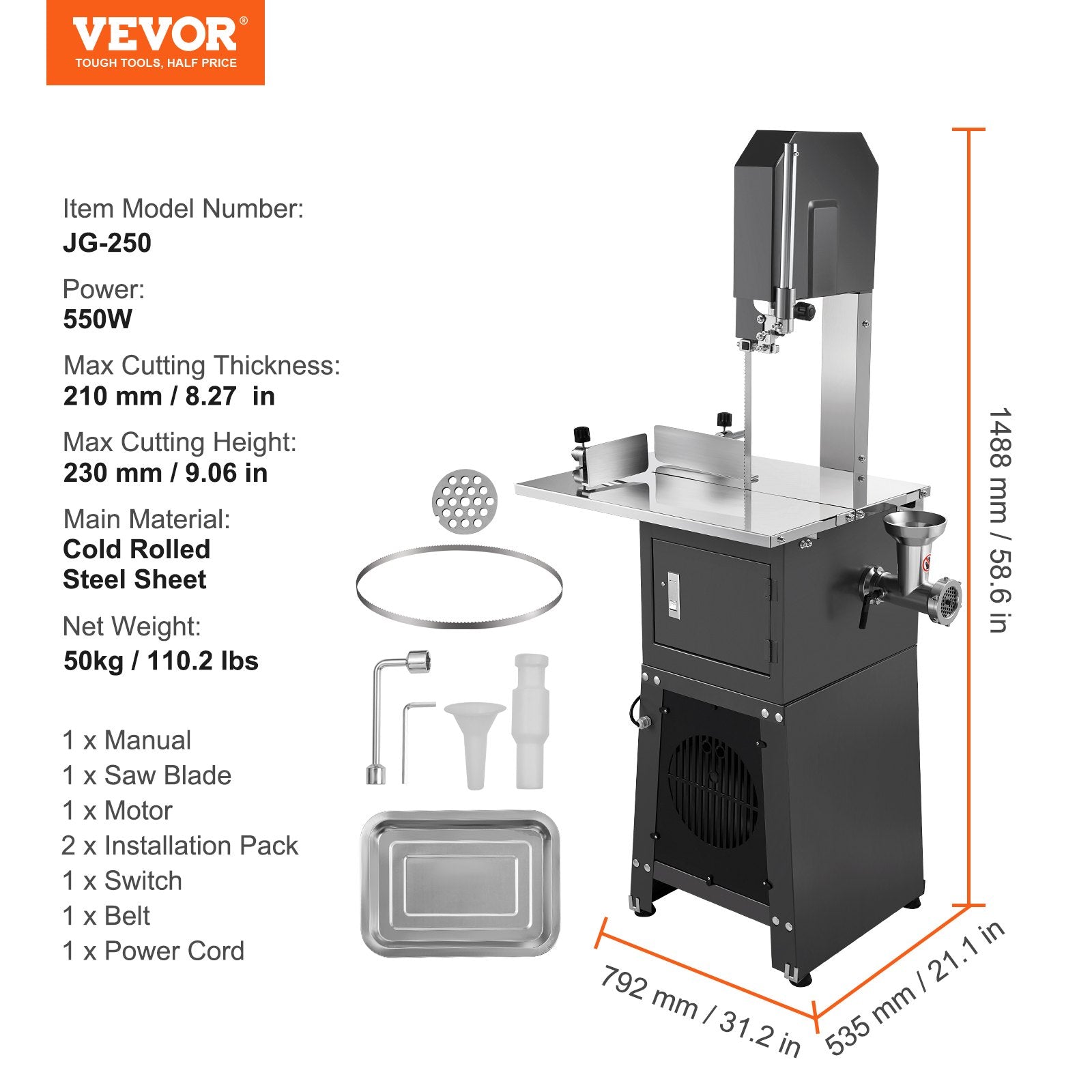 550W Commercial Electric Meat Bandsaw Stainless Steel Bone Sawing Machine V952-JJSJGJ550WTQJ45TUV3