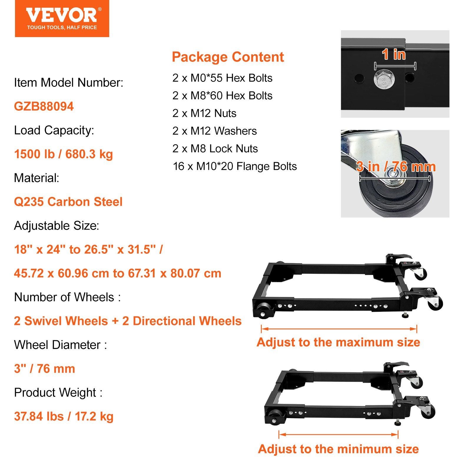 Mobile Base, 680.3 kg Capacity, Adjustable from 457.2 x 609.6 mm to 673.1 x 800.7 mm, Heavy Duty Universal V952-JJYDDZ1500LBNTWJXV0