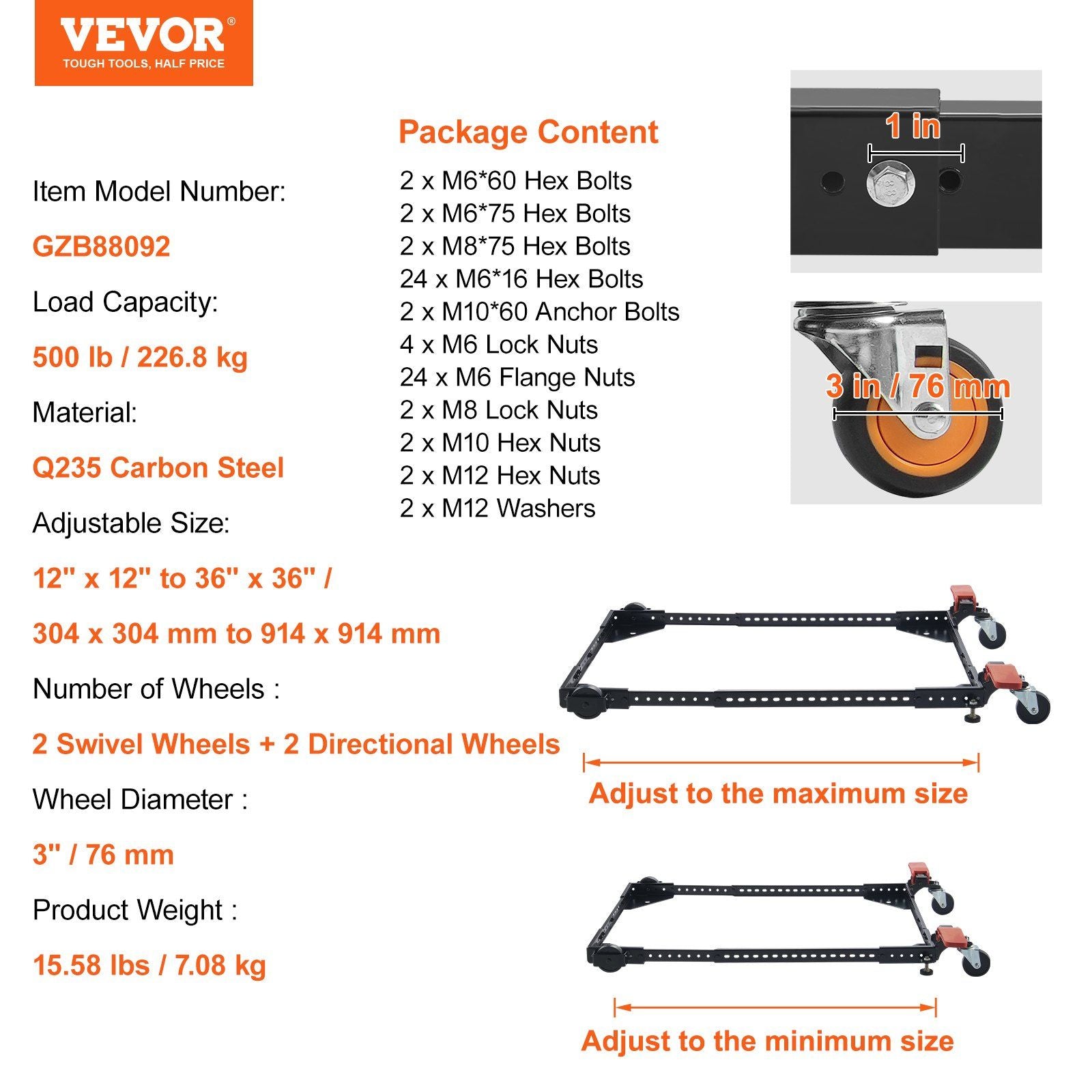 Mobile Base, 226.8 kg Capacity, Adjustable from 304 x 304 mm to 914 x 914 mm, Heavy Duty Universal Mobile V952-JJYDDZ500LBSHIHL0V0