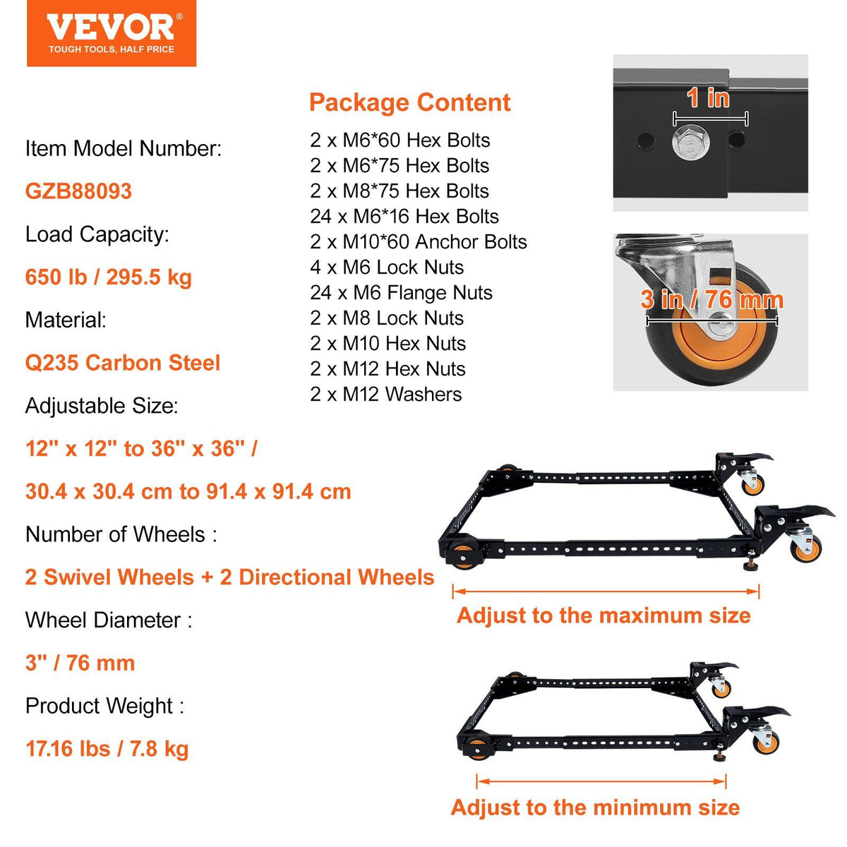 Mobile Base, 295.5 kg Capacity, Adjustable from 304 x 304 mm to 914 x 914 mm, Heavy Duty Universal Mobile V952-JJYDDZ650LBSLTP7RV0