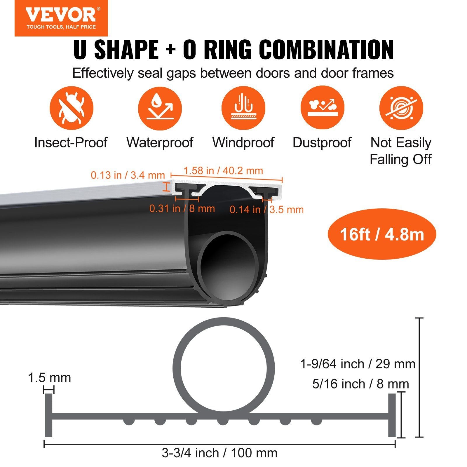 Garage Door Seals Bottom Rubber, U Shape +O Ring Garage Door Bottom Weather Seal with Pre-drilled Aluminum V952-JLMMMFT16FTD1ZPR8V0